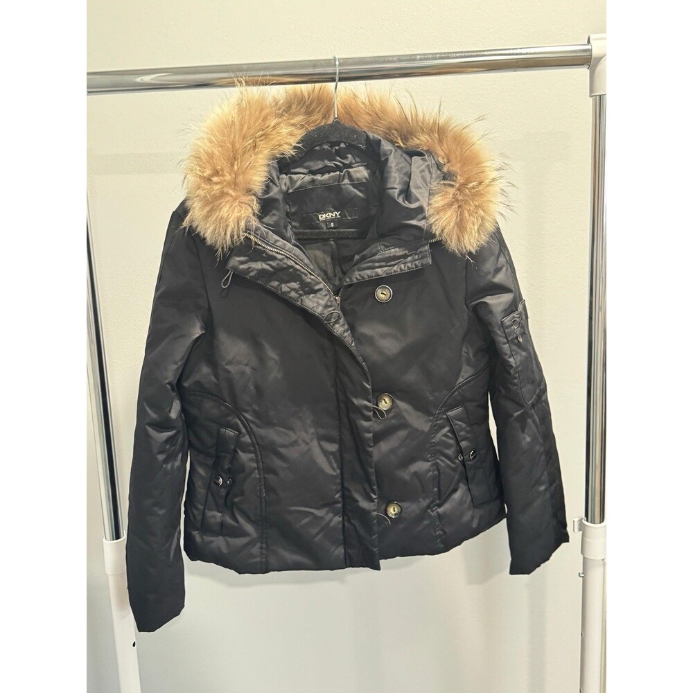 DKNY women's black puffer jacket featuring a hooded design with faux fur - Sz S